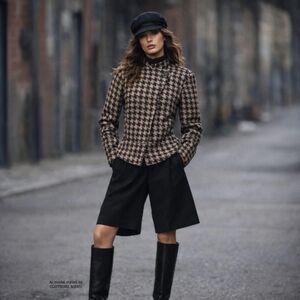 BANANA REPUBLIC Houndstooth Moto Jacket Wool Women Size XL Black Taupe